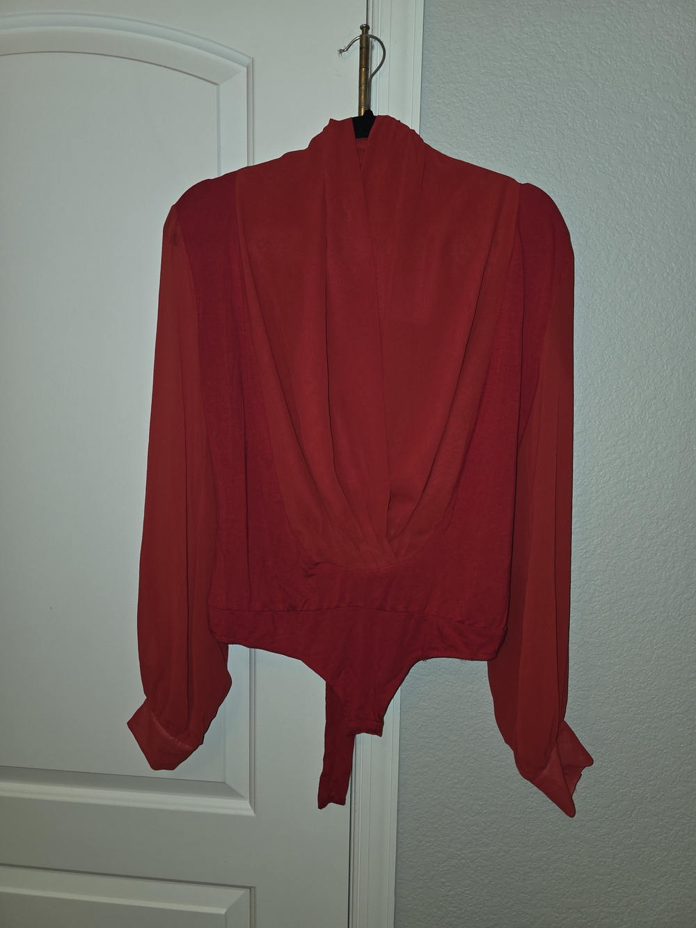 New York & Company Red Draped V-Neck Bodysuit Blouse